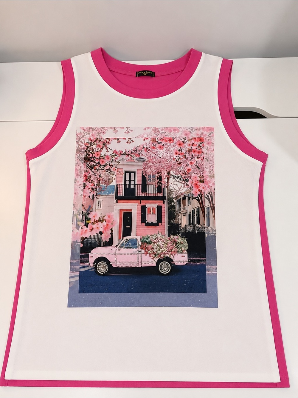 Girls White Tank Top with Pink Trim & Pink Car Graphic